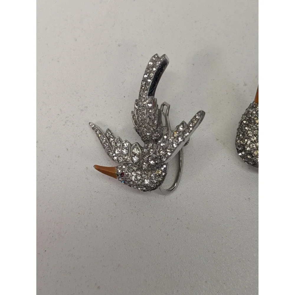 Bird Swallow Brooch Set Silver Tone White Rhinestone Figural 3 Piece Pin Sparkle